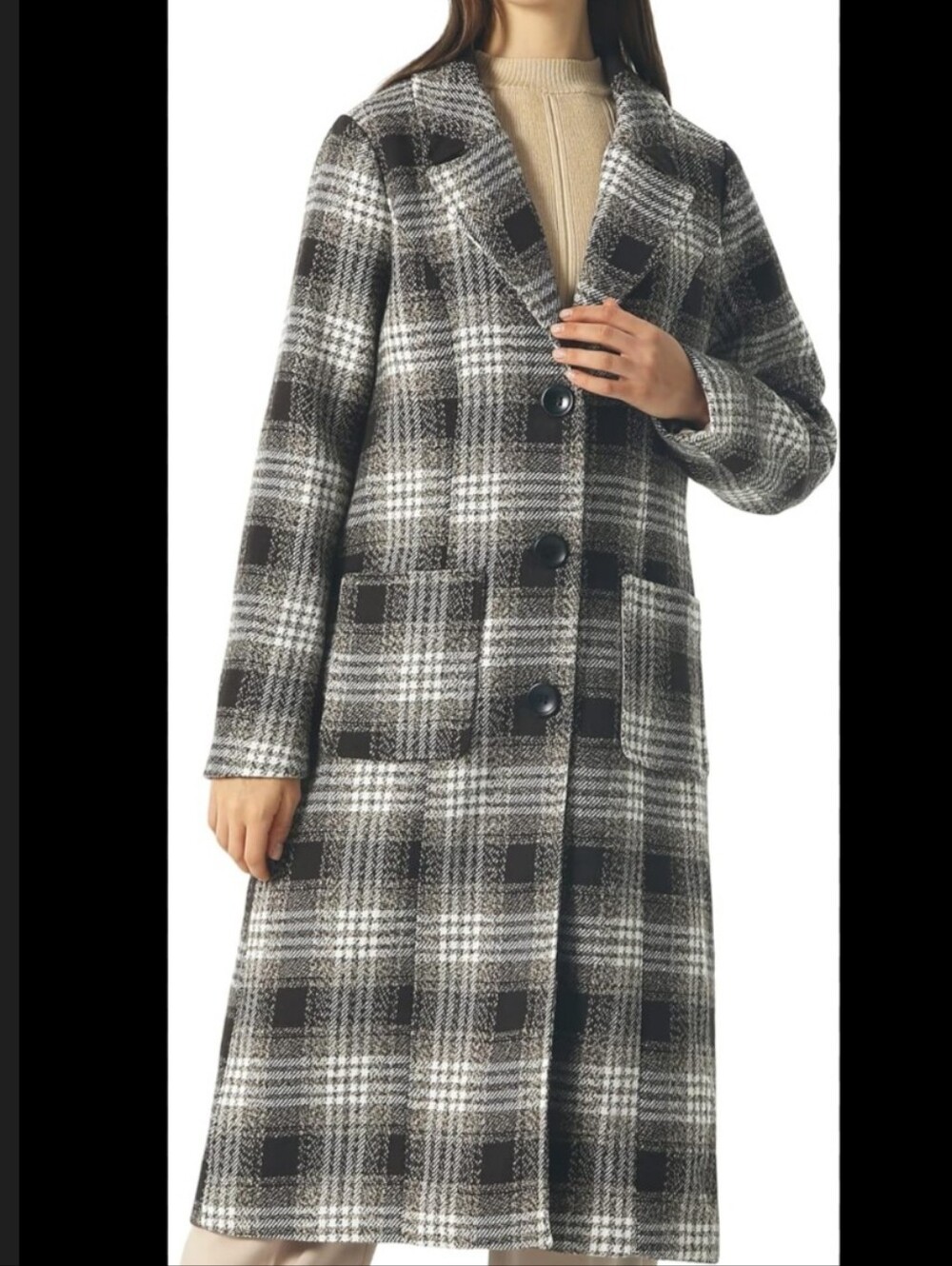Chouyatou Black & White Wool Plaid Long Pea Coat
